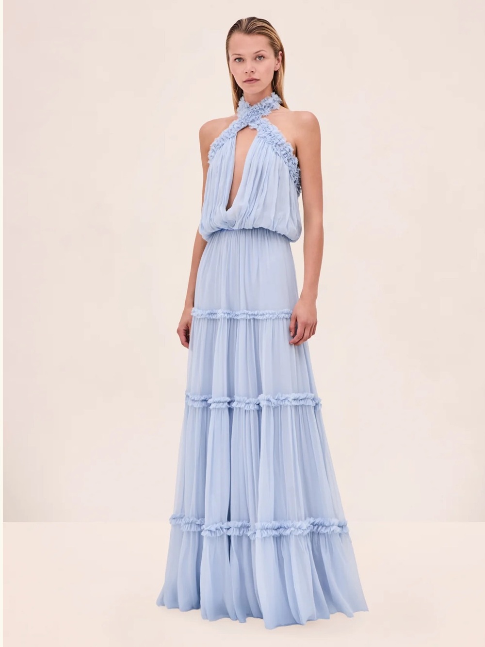 ALEXIS Izbelle Sky Blue Halter Tiered Maxi Dress